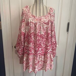 Paisley Print Women's Top - Pink and White eyelet Ruffle NWT 3x boho T308